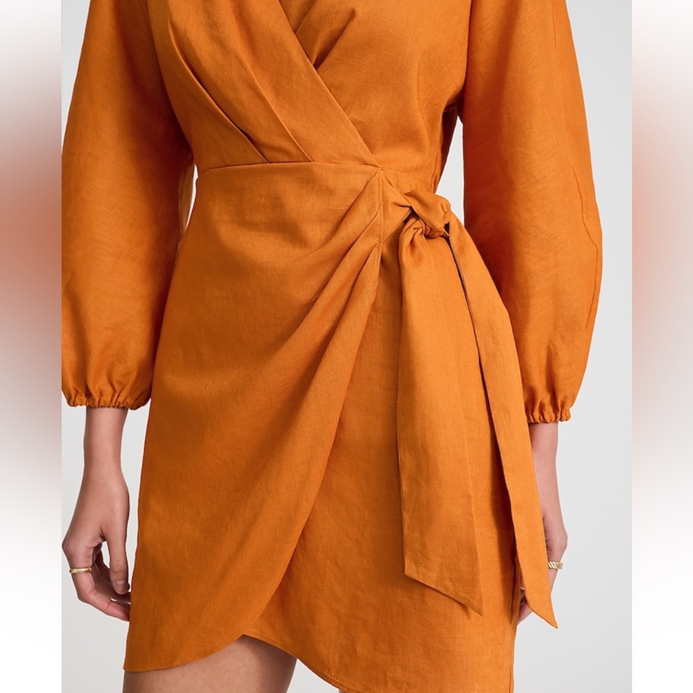 Express Linen Blend V-Neck Long Sleeve Tie Wrap Mini Sheath Dress NWT Size M - Picture 4 of 10